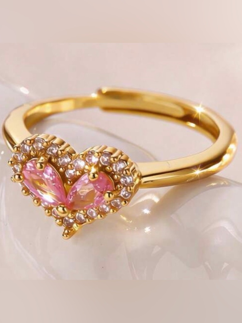 NEW Pink CZ Heart Ring – 18K Gold Plated Stainless Steel Dainty Romantic Ring